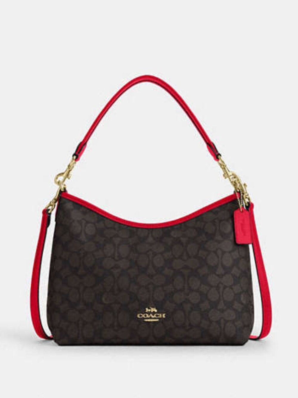 LAUREL Shoulder Bag In Signature Canvas BROWN with RED Leather Handle and Trim